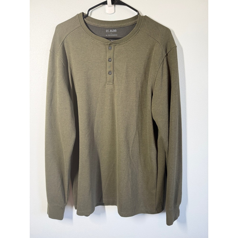 01.Algo Performance Mens XL Olive Green Waffle Knit Long Sleeve Henley Shirt‎